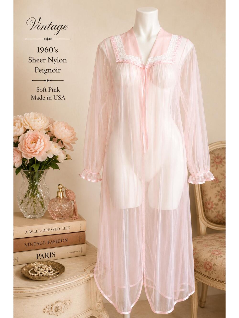 Gilead Vintage Sheer Pink Nylon Chiffon Robe 60's Hollywood Glamour Lace Yoke LG
